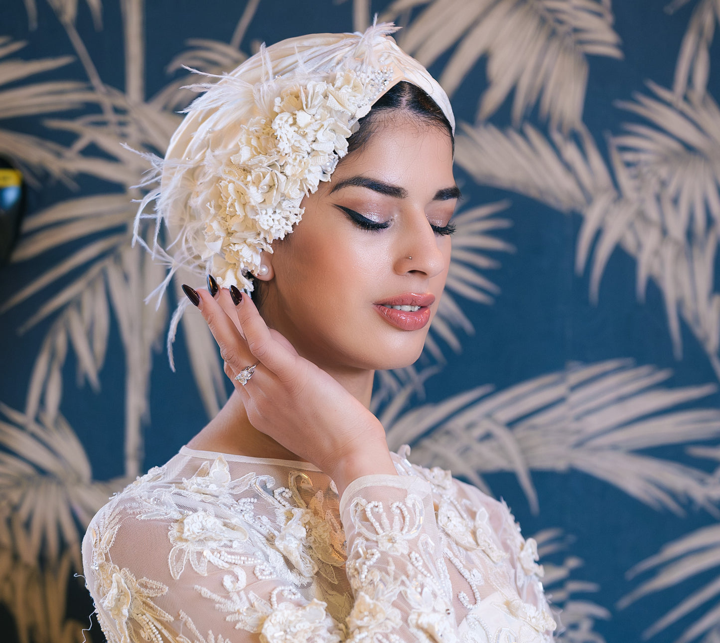 Le Perlé – Turban Mariée avec Broderie Perlée 100% Fait Main